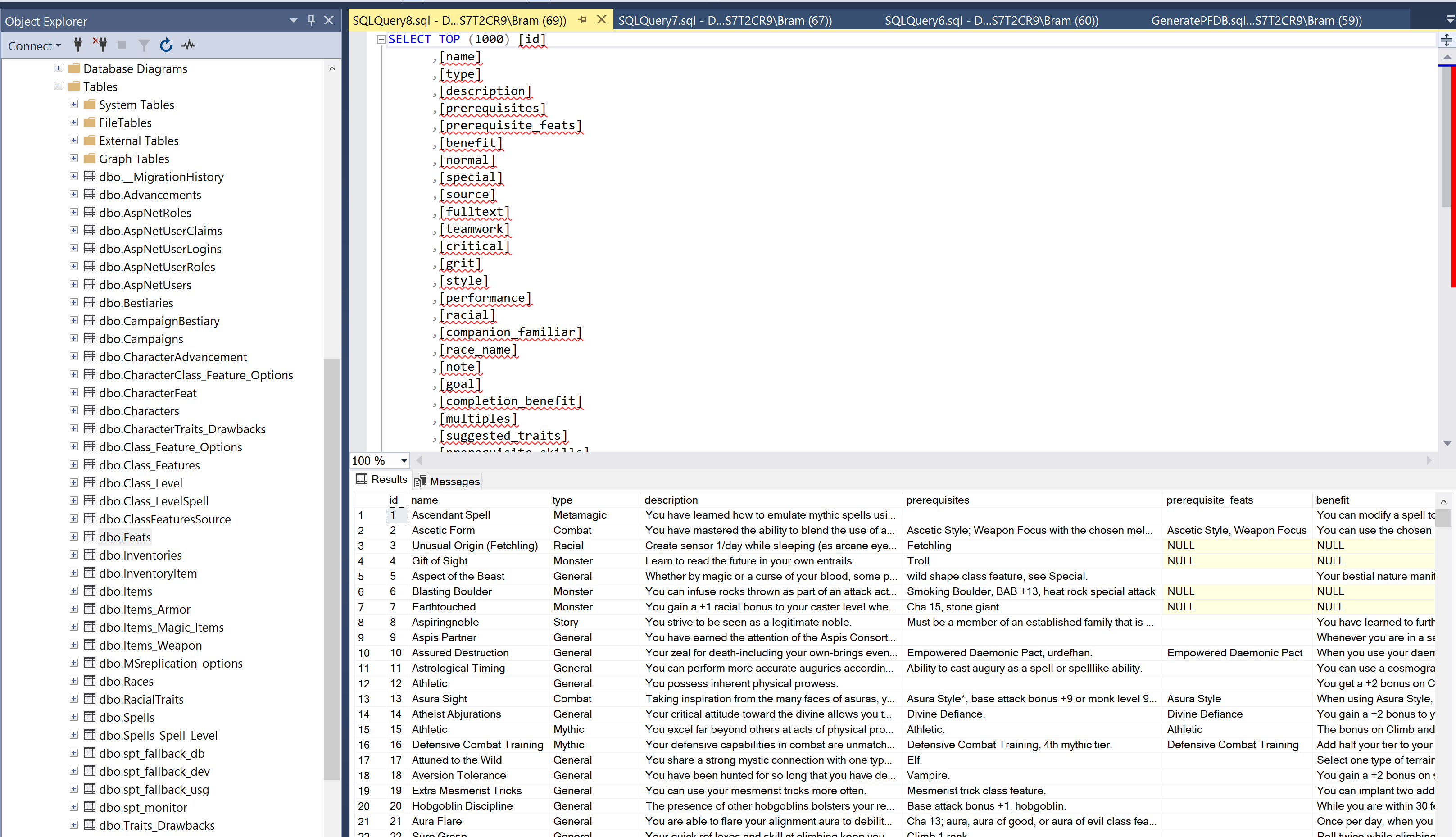 Screenshot of a large custom database for Pathfinder 1e