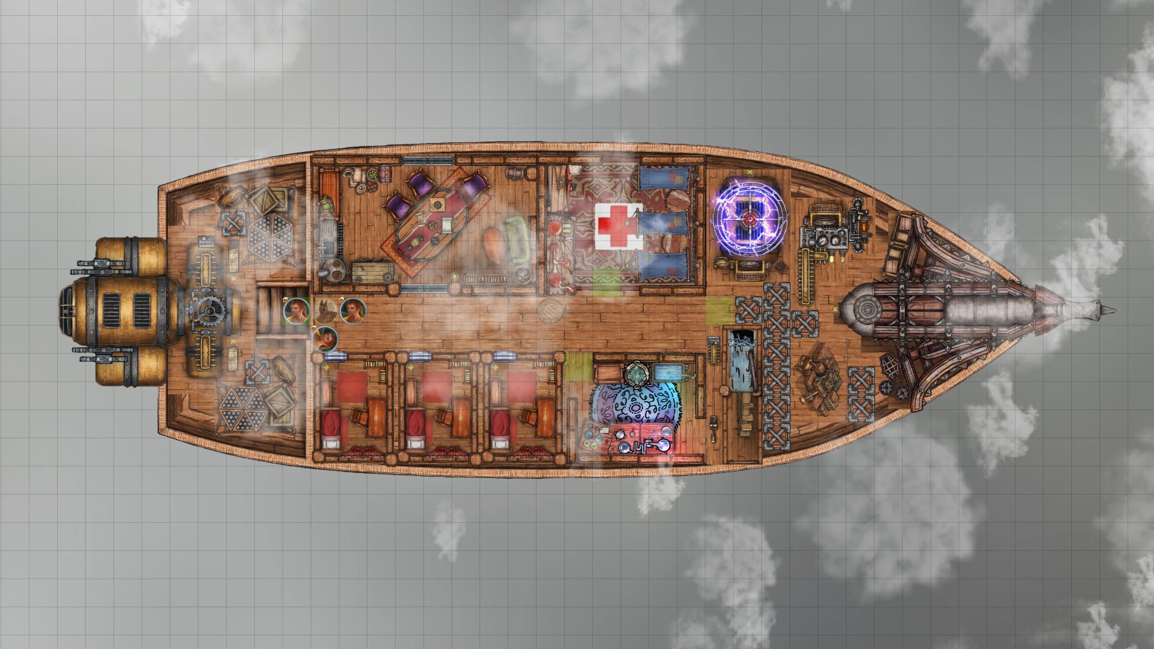 The modular inside of the ship customized by the players in FoundryVTT using tile assets